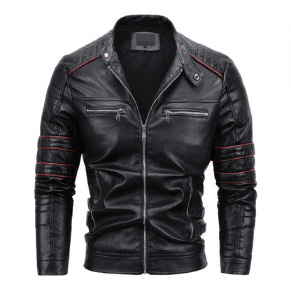 Mens Stand Collar Zipper Autumn Casual Slim Windbreaker Motorcycle Leather Jacket Tactics Coat Fleece Genuine Leather Jackets