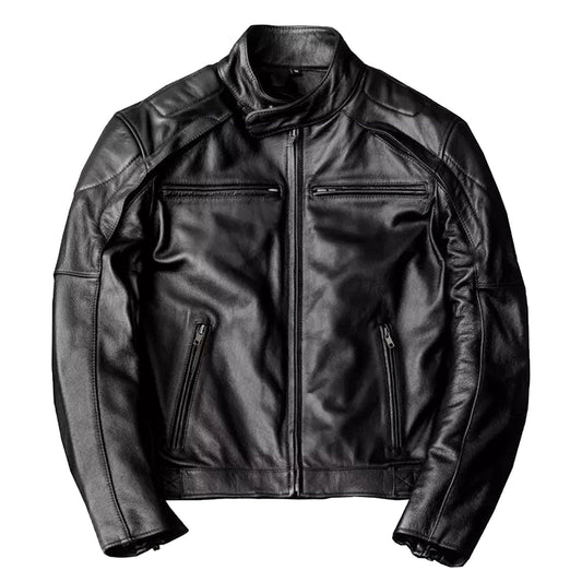 Men's Graphite Distressed Multi Zipper Motorcycle Biker Cowhide Genuine Leather Jacket