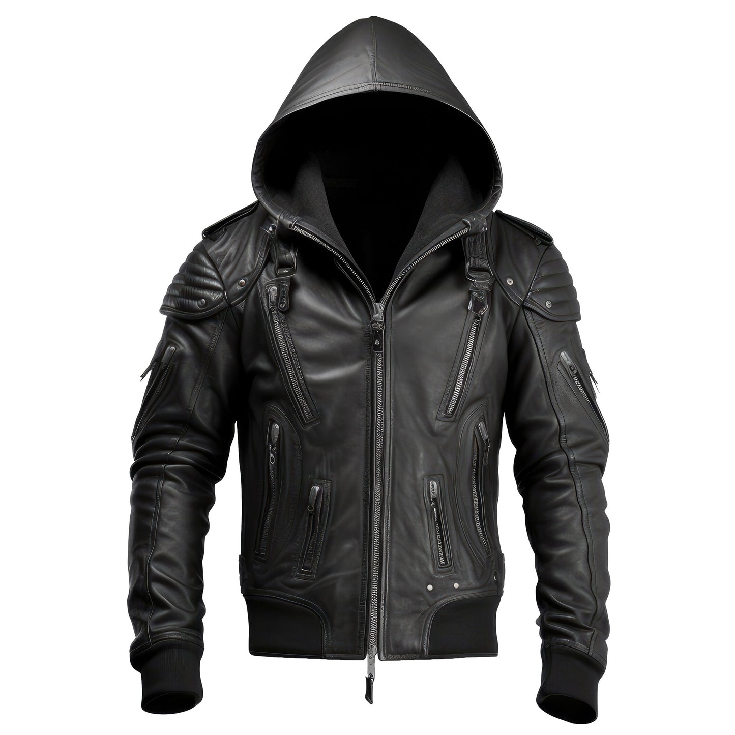 Mens Hooded Leather Jacket Motorcycle Biker Multi Zipper Quilted Genuine Leather Jackets