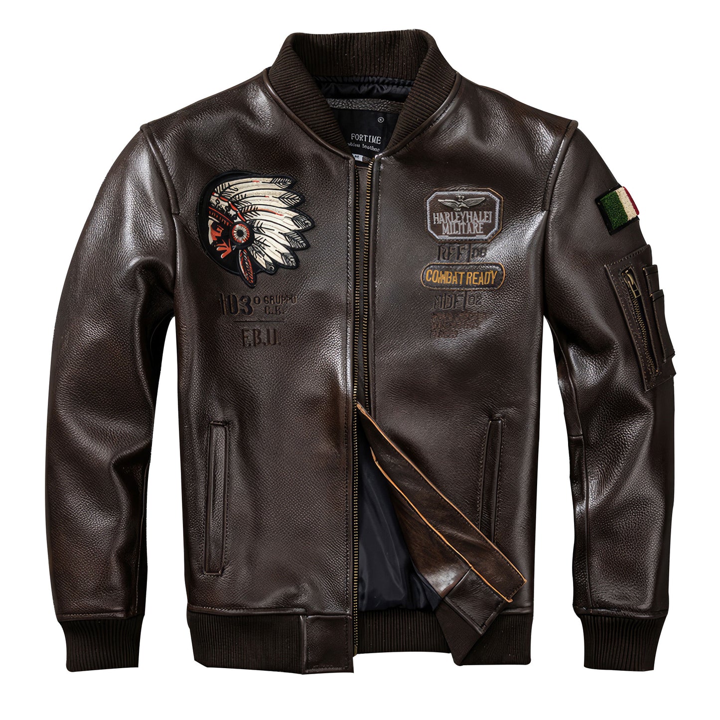 Mens Baseball Men Corium Flight Jacket Indian Embroidery Coat Top Layer Cowhide Genuine Leather Jackets