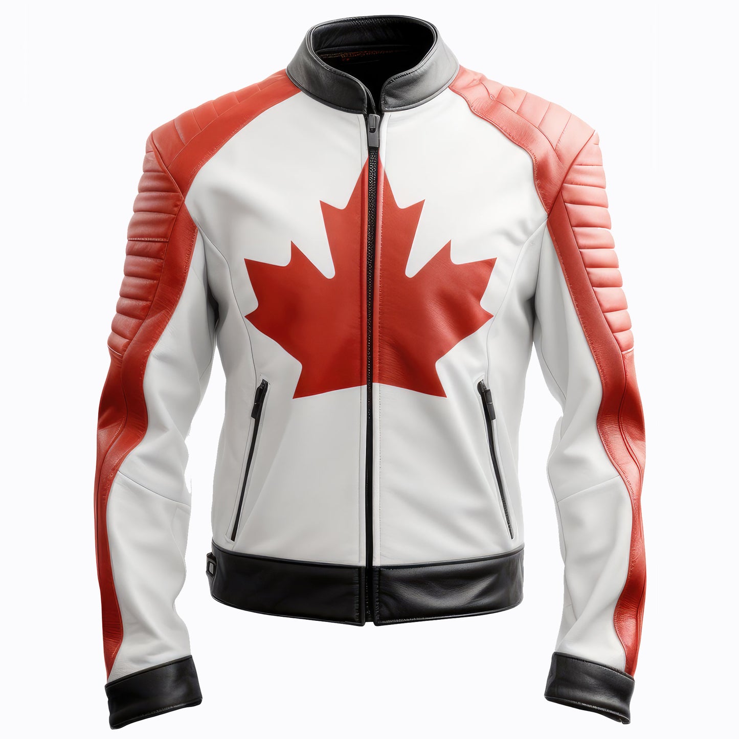 Mens Leather Jacket Inspired by Canada Flag Casual Motorcycle Zipper Coat With Canadas Flag Red and White Genuine Leather Jackets