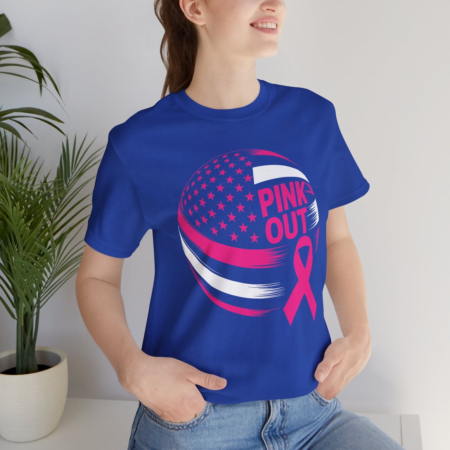 Volley Ball Pink Ribbon Breast Cancer Awearness USA Flag T-Shirt For Men Women