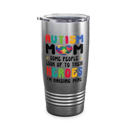 Funny Autism Mom Raising Hero Groovy Messy Bun Autism Awareness Tumbler For Men Women Tumbler