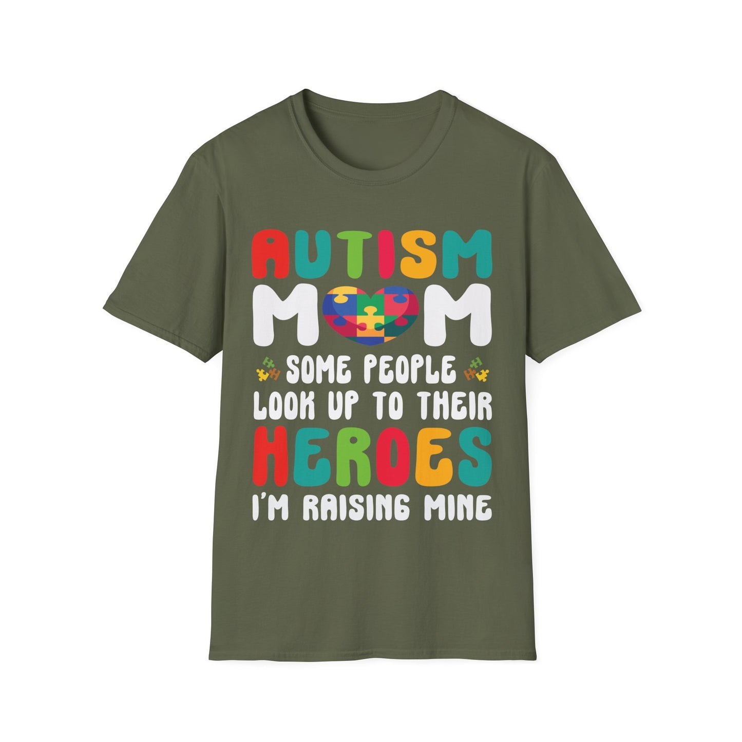 Funny Autism Mom Raising Hero Groovy Messy Bun Autism Awareness T-Shirt For Men Women T-Shirt