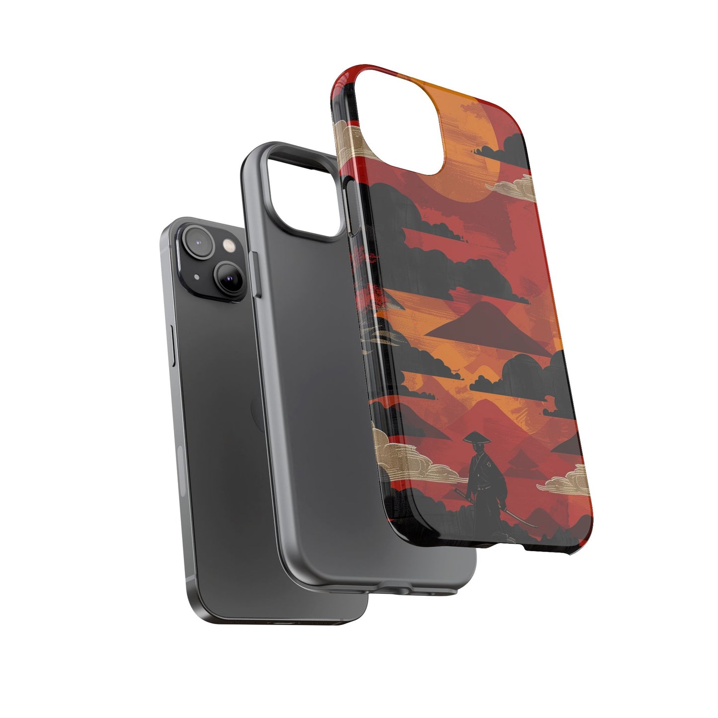 Samurai Sunset Vibrant Pattern iPhone 13 14 15 16 Pro Max Plus Case Wireless Charging Compatible Tough Cases Protection, Magnetic Phone Case for iPhone Classic Series