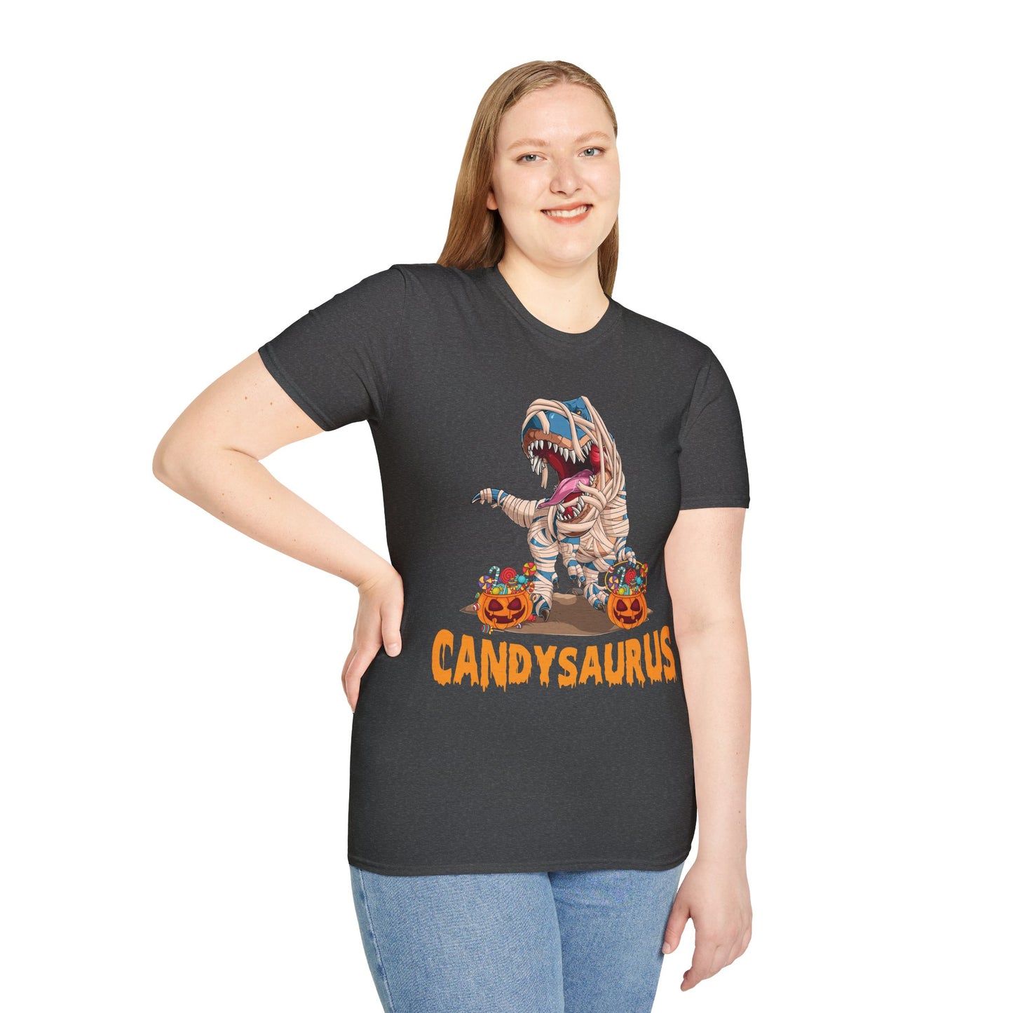 Funny Candysaurus Dinosaur Pumpkin Candy Halloween Zombie T-rex T-Shirt Men Women Kids