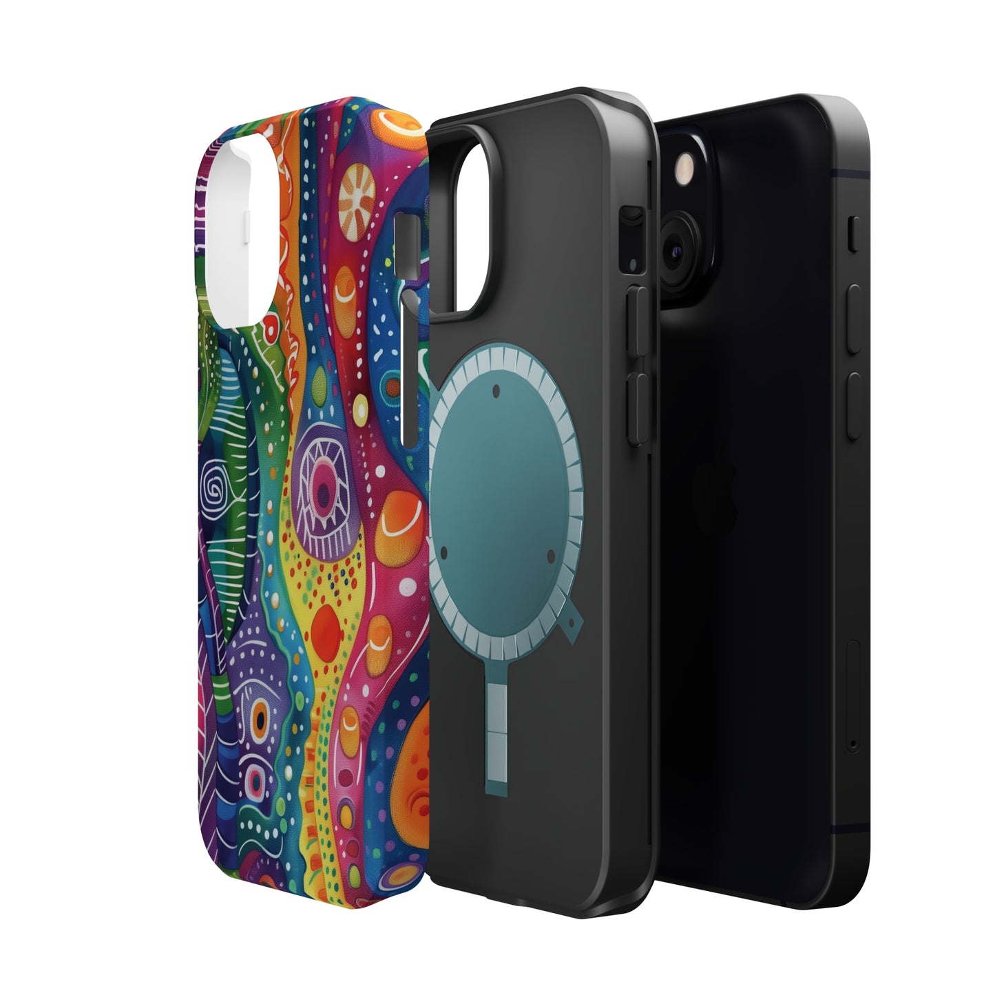 Abstract Rainbow Doodle Pattern iPhone 13 14 15 Pro Max Plus Case Compatible with MagSafe Tough Cases Protection, Magnetic Phone Case for iPhone  Classic Series