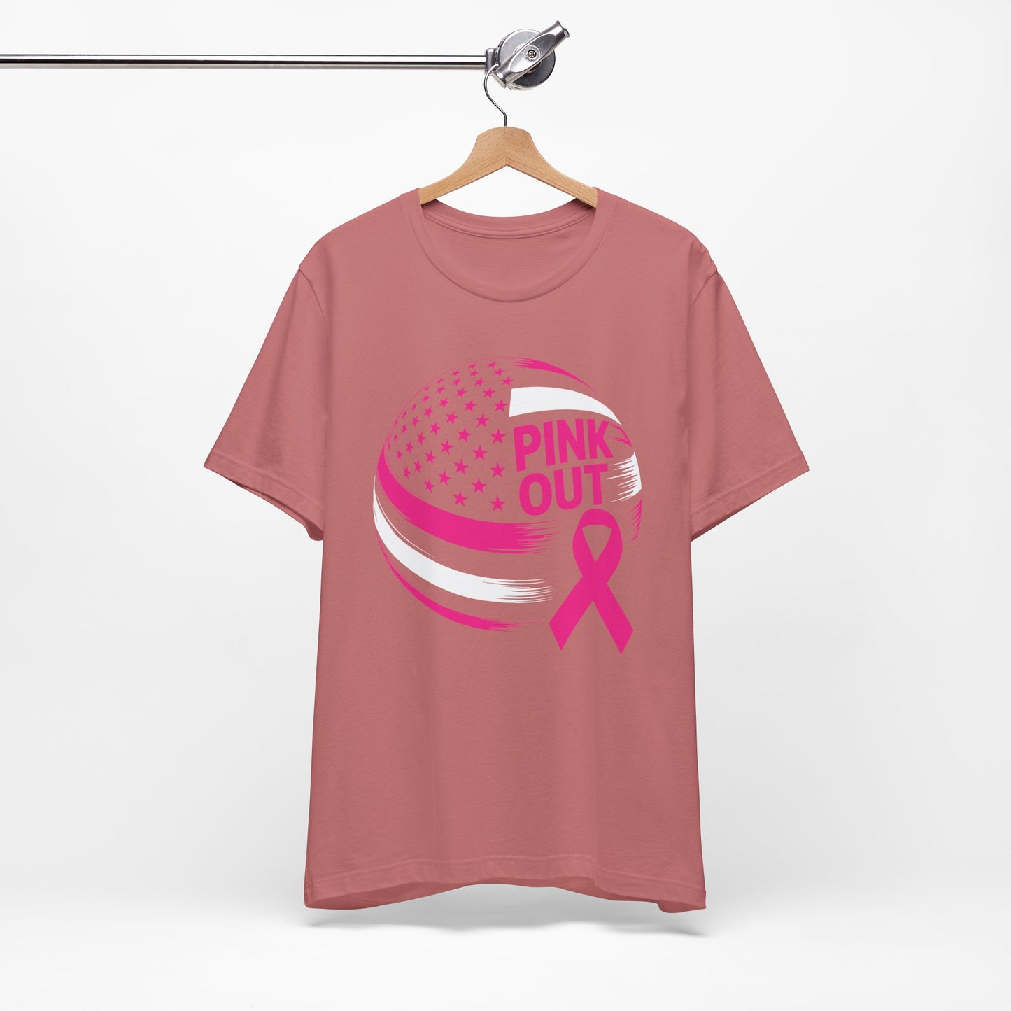 Volley Ball Pink Ribbon Breast Cancer Awearness USA Flag T-Shirt For Men Women