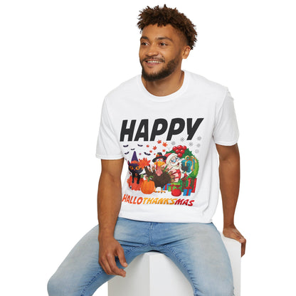 Funny Happy Hallothanksmas Halloween Thanksgiving Christmas Mash Up T-Shirt Men Women Kids