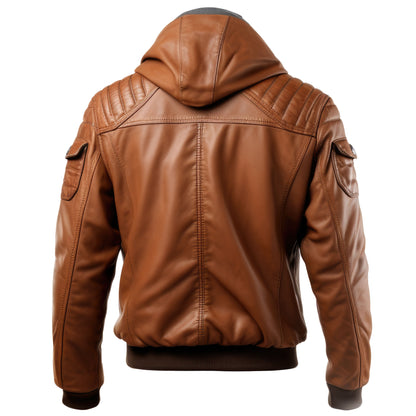 Mens Hooded Leather Biker Jacket Puffer Cafe Racer Zipper Pocket Moto Genuine Leather Jackets