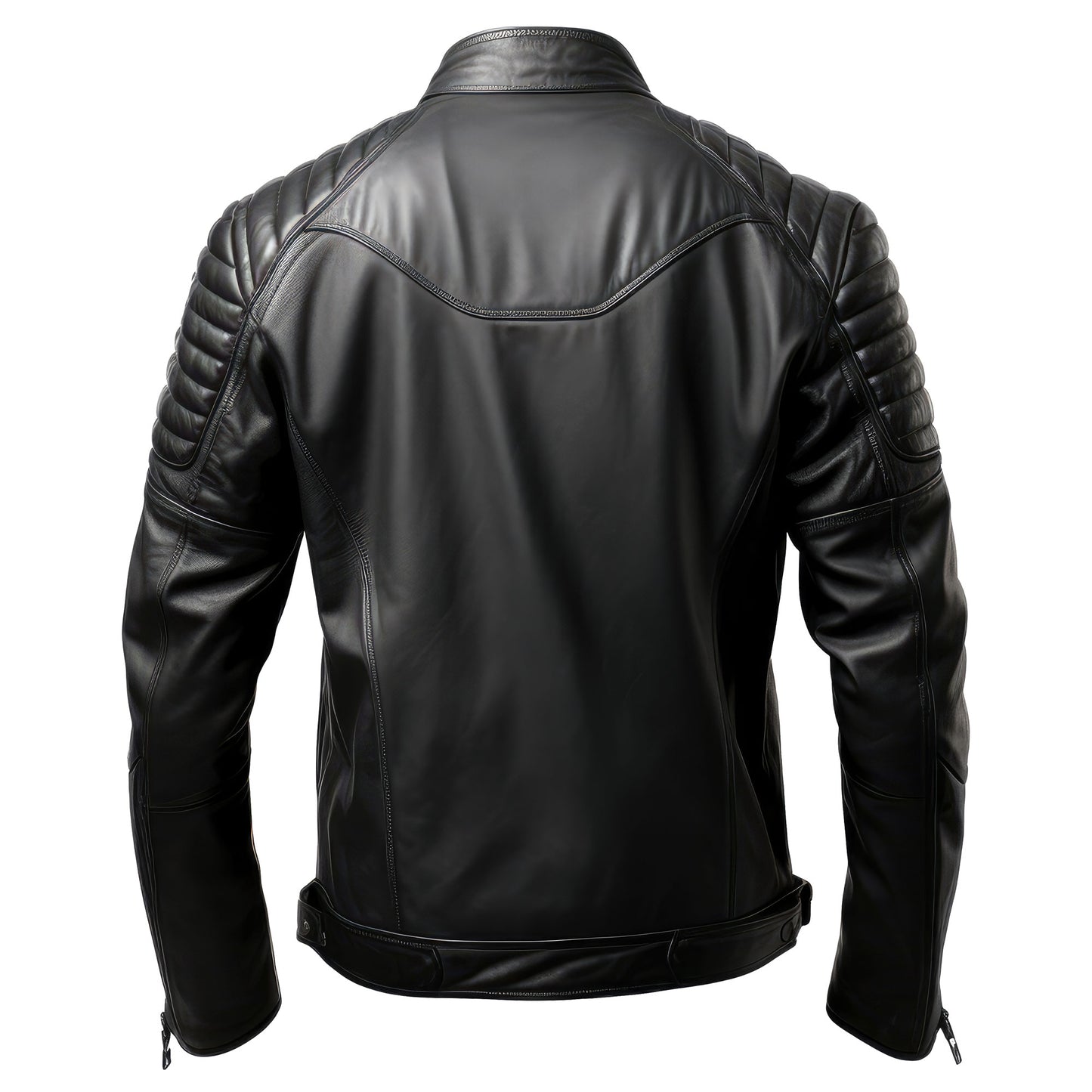 Mens Puffer Leather Biker Jacket Cafe Racer Fit Black Multi Zipper Pocket Moto Genuine Leather Jackets