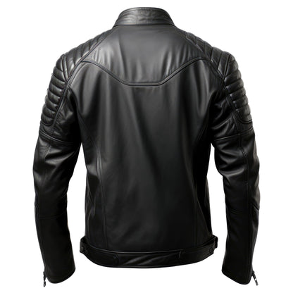 Mens Puffer Leather Biker Jacket Cafe Racer Fit Black Multi Zipper Pocket Moto Genuine Leather Jackets
