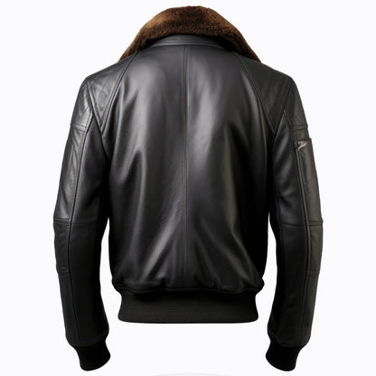 Men Bomber Leather Jacket Lapel Fur Bomber B3 Pilot Coat Front Pockets Genuine Leather Jackets