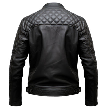 Mens Leather Biker Jacket Quilted Cafe Racer Slim Fit Zip Up Moto Genuine Leather Jacket Jackets