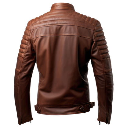 Mens Puffer Leather Biker Jacket Cafe Racer Slim Fit Front Zipper Pocket Moto Genuine Leather Jackets