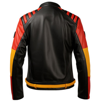 Mens Biker Casual Motorcycle Sheepskin Coat Side Pockets Zipper Red Black and Gold Contrast Genuine Leather Jackets