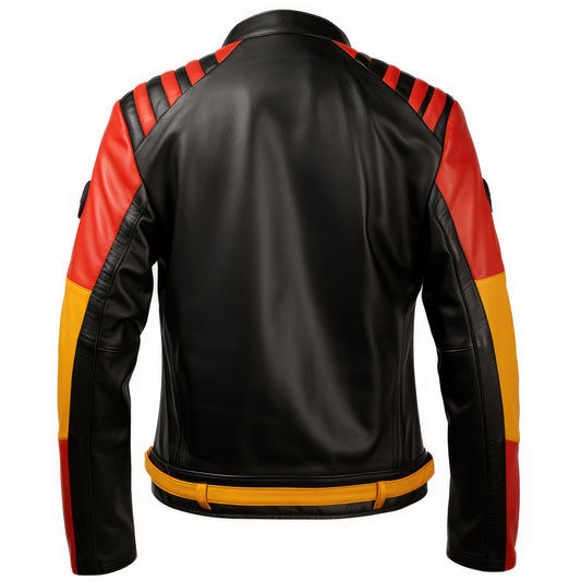 Mens Biker Casual Motorcycle Sheepskin Coat Side Pockets Zipper Red Black and Gold Contrast Genuine Leather Jackets
