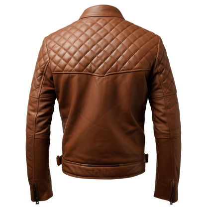 Mens Leather Biker Jacket Quilted Cafe Racer Zip Up Front Pockets Moto Genuine Leather Jackets