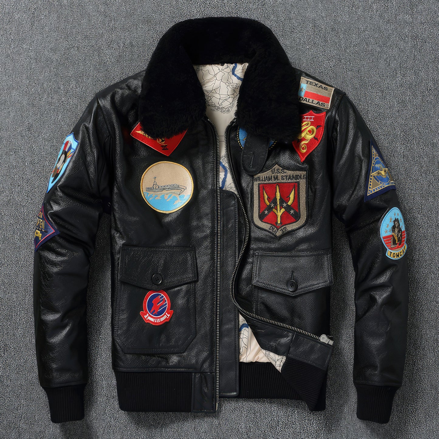 Mens Embroidery Aviator Bomber G1 Flight Jacket Cowhide Leather Coat Men Air Force Winter Clothing Aviation Real Fur Coats