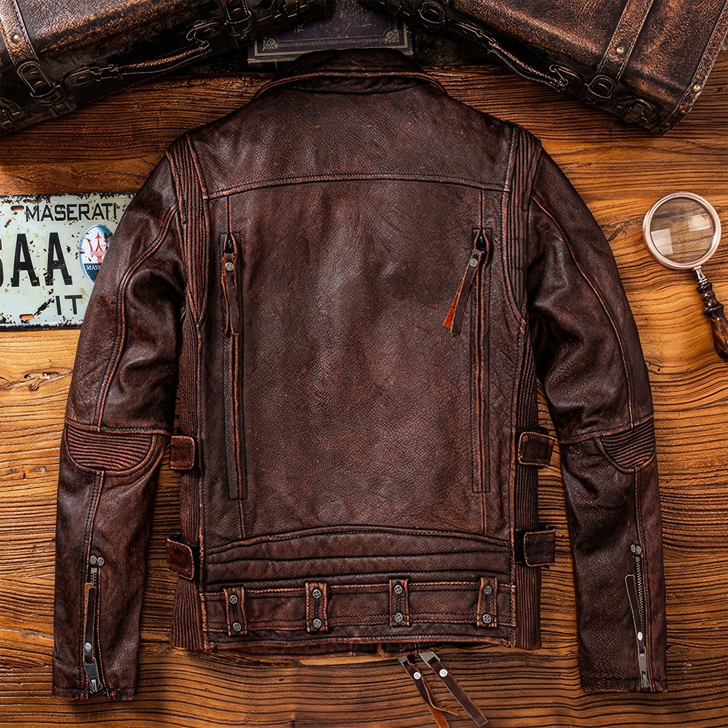 Mens Motorcycle Vintage Brown Leather Jacket Natural Cowhide Zipper Coat Genuine Leather Jackets