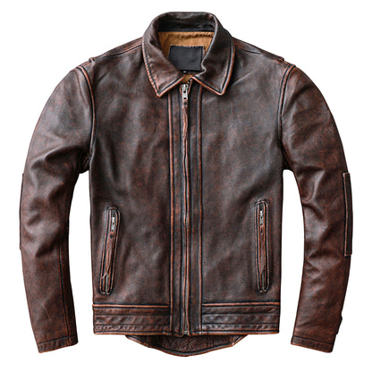 Men Vintage Leather Jacket Cowhide Leather Coat Men's Red Brown Jacket Tuxedo