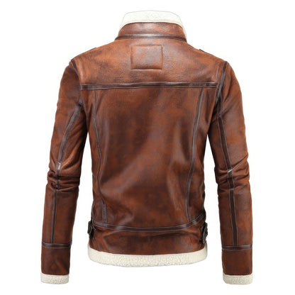 Mens Lambs Wool Jacket Casual Stand Collar Warm Thickening Biker Coat Genuine Leather Jackets