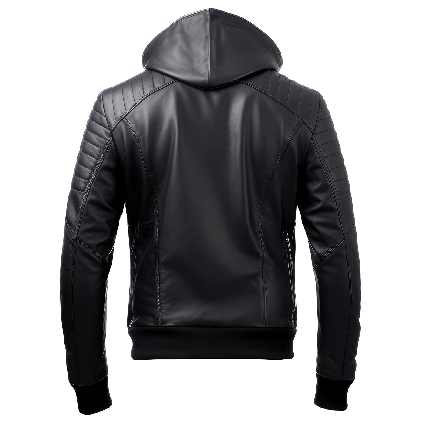 Mens Hooded Leather Jacket Black Motorcycle Biker Multi Zipper Genuine Leather Jackets