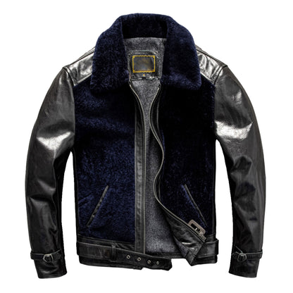 Brown Leather Jacket Men Casual Natural Cowhide Slim Fit Spliced Genuine Leather Coat