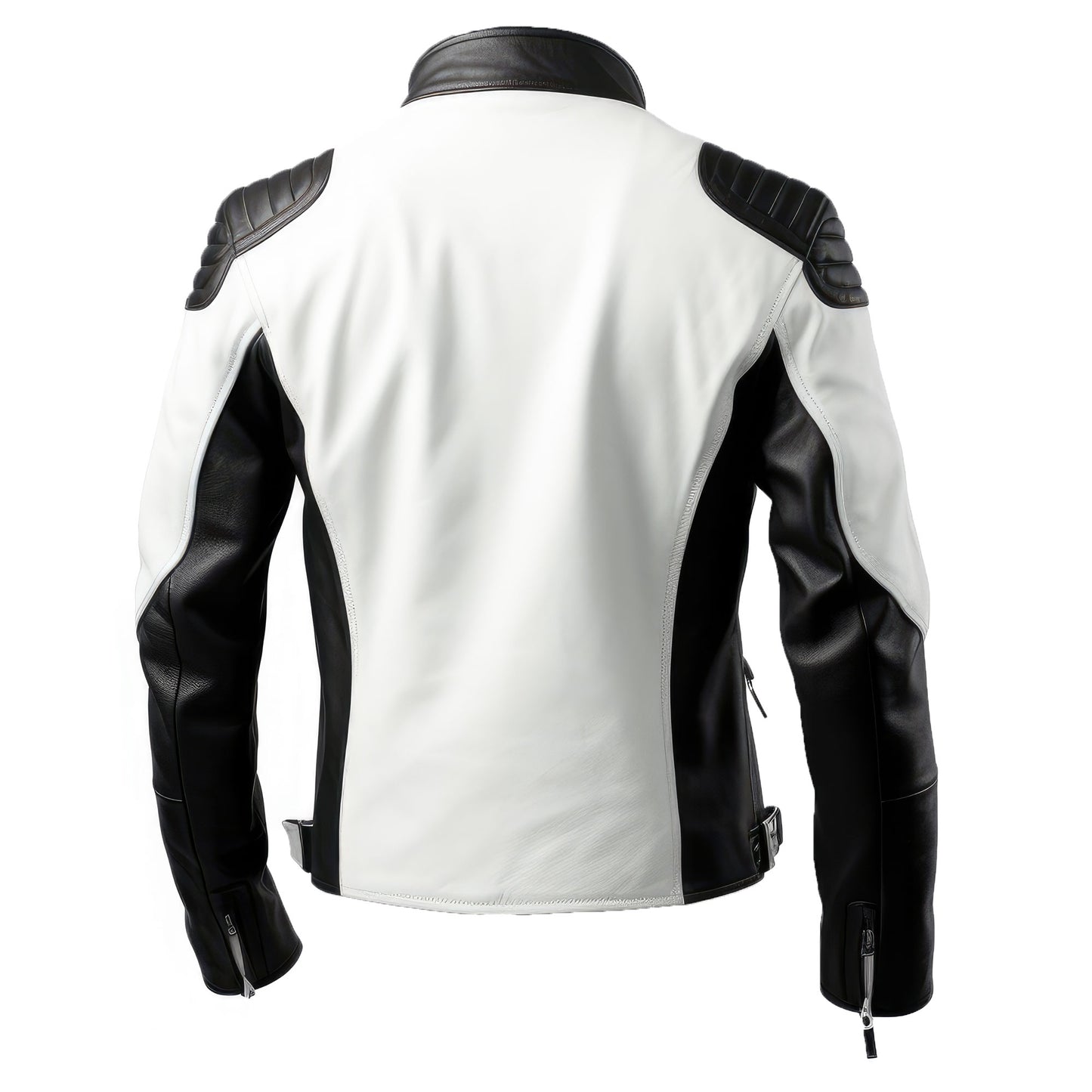 Mens Biker Casual Motorcycle Sheepskin Coat Side Pockets Zipper Black and White Stand Collar Genuine Leather Jackets
