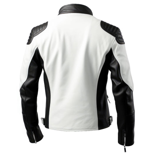 Mens Biker Casual Motorcycle Sheepskin Coat Side Pockets Zipper Black and White Stand Collar Genuine Leather Jackets