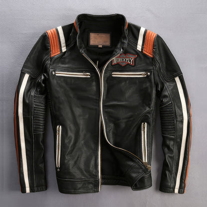 Men's Motorcycle Rider Jacket Vintage Coat Stand Collar Embroidery Cowhide Genuine Leather Jacket