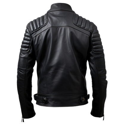 Mens Puffer Leather Biker Jacket Racer Fit Black Multi Zipper Pocket Moto Rider Genuine Leather Jackets