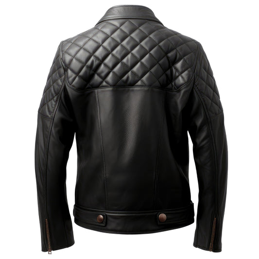 Mens Leather Biker Jacket Quilted Cafe Racer Zip Up Multi Pockets Moto Genuine Leather Jackets