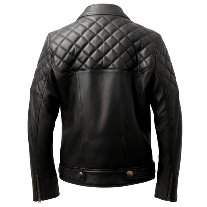 Mens Leather Biker Jacket Quilted Cafe Racer Zip Up Multi Pockets Moto Genuine Leather Jackets