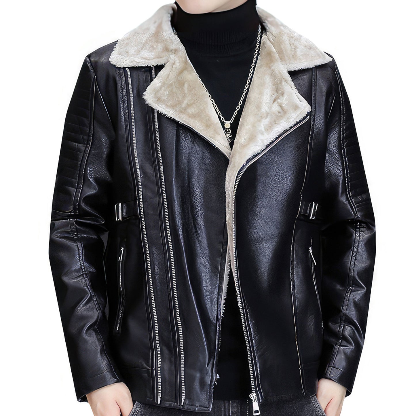 Mens Lapel Diagonal Zipper Motorcycle Leather Jacket Men Vintage Fleece Warm Leather Coat Man Outwear Genuine Leather Jackets