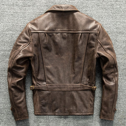 Retro Brown Leather Coat Men American Casual Style Natural Cowhide Slim Fit Genuine Leather Jacket
