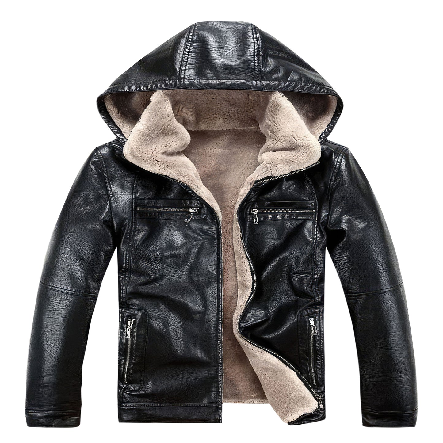 Mens Thick Faux Fur Coat Casual Hooded Motorcycle Jacket Flocking Warm Leather Overcoat Genuine Leather Jackets