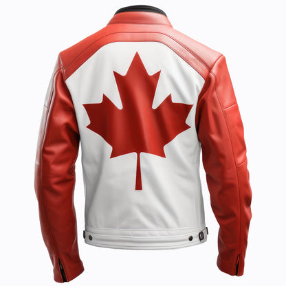 Mens Leather Jacket Inspired by Canada Flag Casual Motorcycle Zipper Coat With Canadas Flag Genuine Leather Jackets