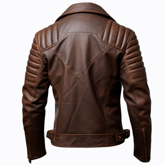 Mens Double Rider Motorcycle Coat Zipper Multi Pockets Stand Collar Bikers Genuine Leather Jackets