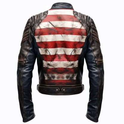 Mens Distressed Inspired by American Flag USA Casual Motorcycle Zipper Coat With USA Flag Genuine Leather Jackets