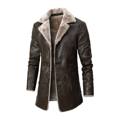 Men Winter Leather Jacket Lapel Fleece Motor Biker Leather Jacket Men Business Casual Long Genuine Leather Coats