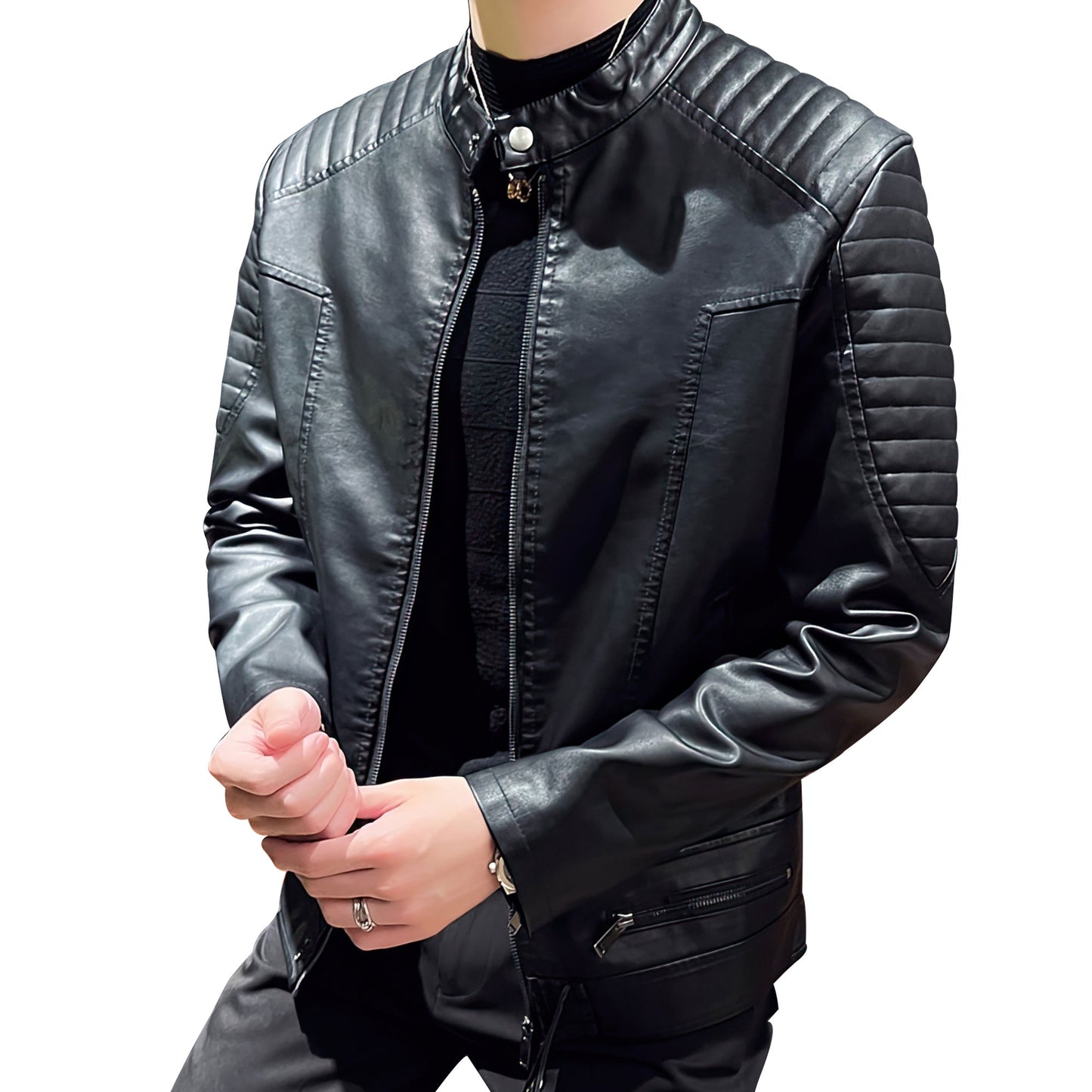 Men Solid Stand Collar Moto Biker Jackets Faux Leather Outerwear Mens Casual Motorcycle Coat Slim Fit Genuine Leather Jacket