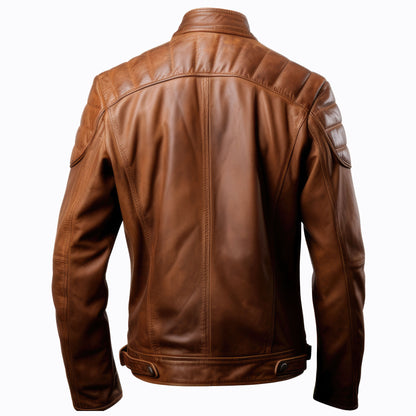 Mens Cafe Racer Casual Motorcycle Sheepskin Coat Zipper Pockets Stand Collar Brown Genuine Leather Jackets