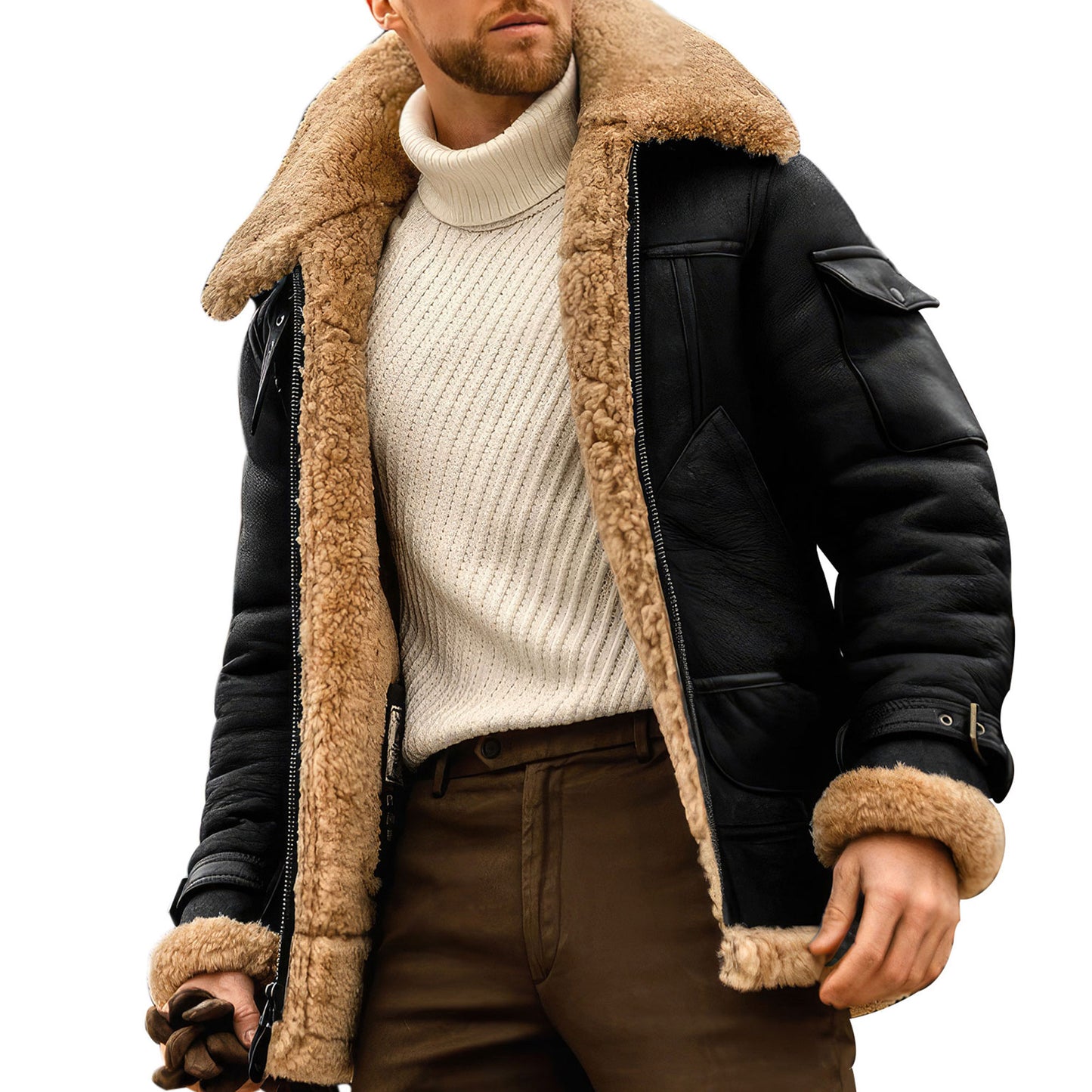 Men's Fleece Jacket Turn Down Fur Collar Thick Coat Thicken Warm Streetwear Windbreaker Outwear Genuine Leather Jacket