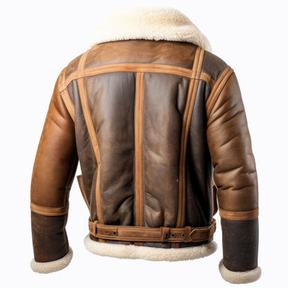 Men Shearling Lapel Fur Leather Jacket Brown B3 Bomber Coat Zipper Pockets Aviation Genuine Leather Jackets