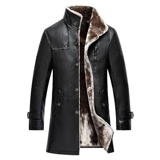 Mens Leather Coat Thickening Fur Coat Man Warmth Overcoat Larger Size Long Standing Collar Genuine Leather Jackets