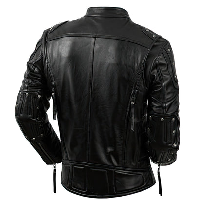 Men's Motorcycle Jackets Stand Collar Zipper Rivet Top layered Natural Genuine Leather Jacket