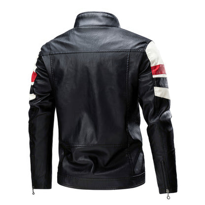 Mens Leather Jacket Motorcycle PU Stripe Stitching Punk Bike Windbreaker Bomber Thicken Coat Genuine Leather Jackets