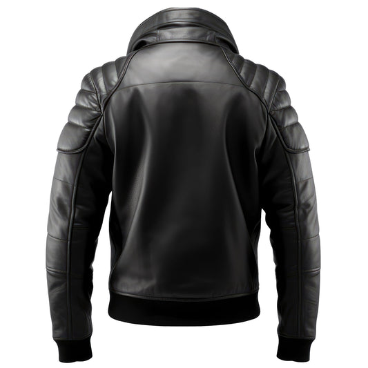 Mens Puffer Leather Jacket Racer Biker Fit Black Zipper Pocket Motorbike Genuine Leather Jackets