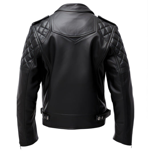 Mens Puffer Leather Biker Jacket Cafe Racer Fit Lapel Zipper Pocket Moto Genuine Leather Jackets